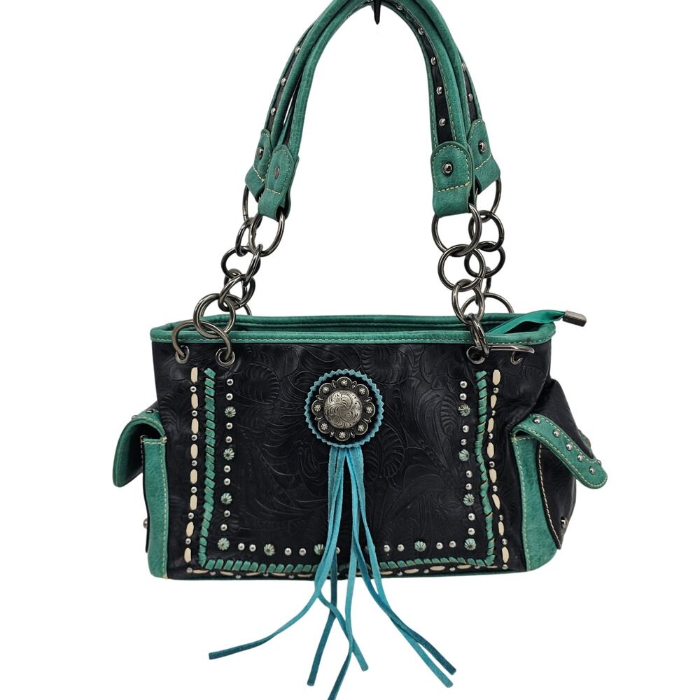 Montana West Black & Teal Blue Leather Studded Tooled Purse Handbag Western Boho
